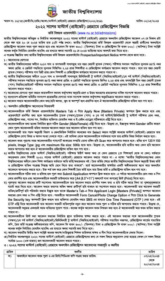 NU Masters Private Admission Circular 2024