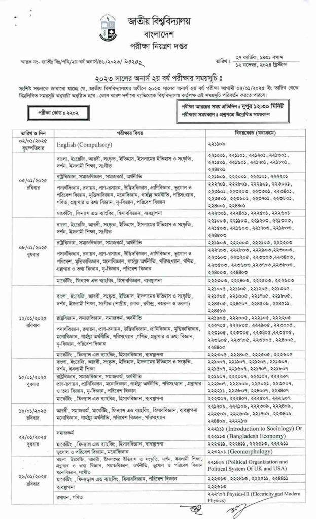 Honours 2nd Year Exam Routine